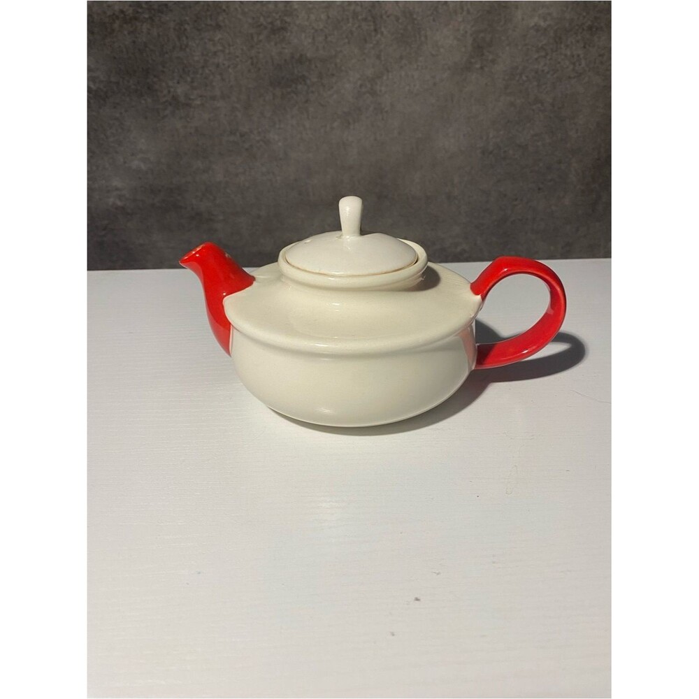 Vintage Cream Ivory Ceramic Teapot Red Spout & Handle Two Tone Pot Crazing 7.5"⁠
